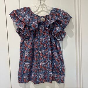 Mille Beja Ruffle Flutter Sleeve Block Print Top size S Red Blue White EUC